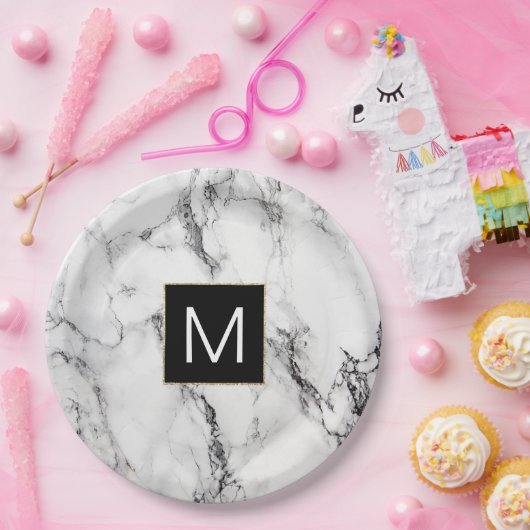 monogram zwart - witte marmer papieren bordje (Feest)
