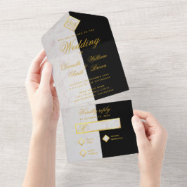 Monogram Zwart Witte Marmeren Nep Goud Folie Bruil All In One Uitnodiging