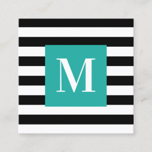 Monogram zwart-witte streep Turquoise Vierkante Visitekaartje