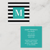 Monogram zwart-witte streep Turquoise Vierkante Visitekaartje (Voorkant / Achterkant)