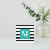 Monogram zwart-witte streep Turquoise Vierkante Visitekaartje (Staand voorkant)