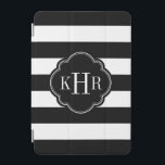 Monogram zwart-witte strepen iPad mini cover<br><div class="desc">Het moderne,  stijlvolle vormgeving van een iPad-draagtas is voorzien van een strak,  nautisch horizontaal streepjespatroon dat is afgestemd op uw monogram-initialen of naam in een quatrefolie-lijst. Klik op Aanpassen om het monogram lettertype en de kleuren te wijzigen in creëer uw eigen unieke model.</div>