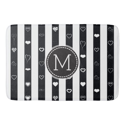 Monogram zwart-witte strepen Modern Heart Pattern Badmat (Voorkant)