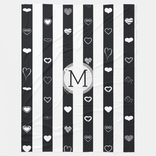 Monogram zwart-witte strepen Modern Heart Pattern Fleece Deken (Voorkant)