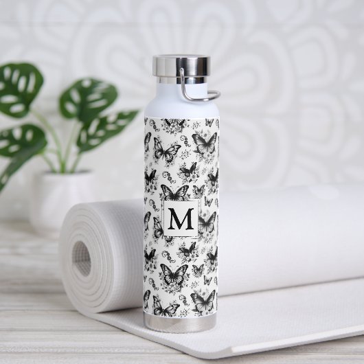 Monogram Zwart Witte Vlinder Patroon Waterfles (Yoga)