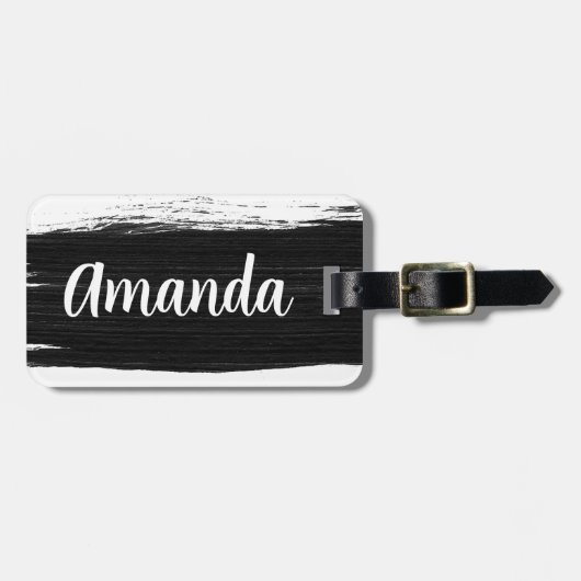 Monogram zwart-witte waterverf penseelpenseelspel bagagelabel (Voorkant horizontaal)