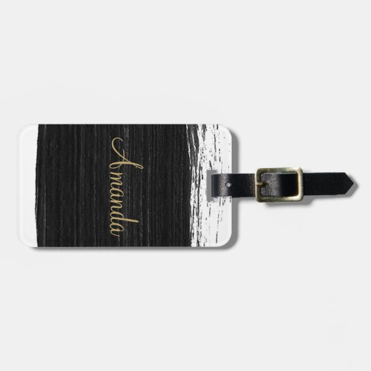 Monogram zwart-witte waterverf penseelpenseelspel bagagelabel (Voorkant horizontaal)