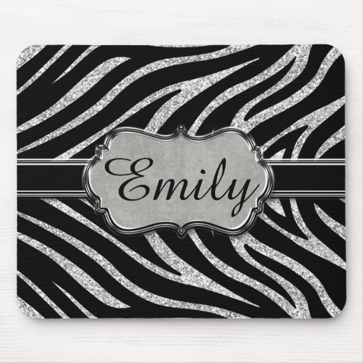 Monogram zwart zilver Glitter Zebra Pattern Muismat (Voorkant)