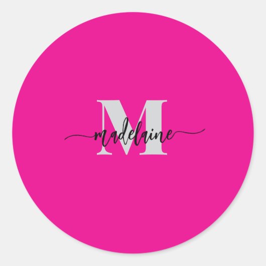 Monogram Zwart Zilver Roze Personal Ronde Sticker (Voorkant)