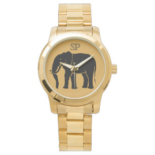 Monogram zwarte Afrikaanse olifant op gouden achte Horloge