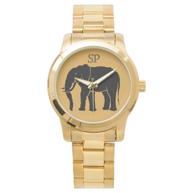 Monogram zwarte Afrikaanse olifant op gouden achte Horloge (Voorkant)