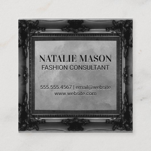 Monogram | Zwarte Antieke Lijst | Grijze Textuur Vierkante Visitekaartje (Achterkant)