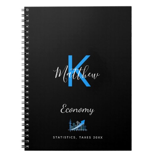 Monogram zwarte blauwe economie kantoor notitieboek (Voorkant)