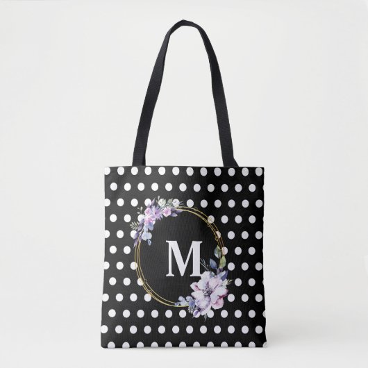 Monogram zwarte  bloemen tote bag (Voorkant)