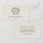 Monogram zwarte bloemenkrans tan linnen bloemist visitekaartje (Voorkant / Achterkant)