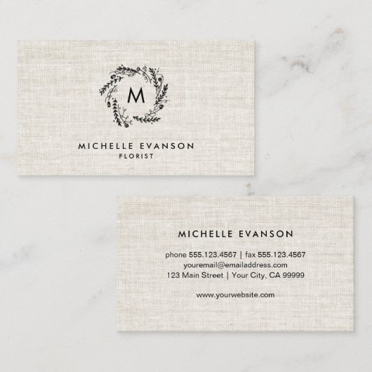 Monogram zwarte bloemenkrans tan linnen bloemist visitekaartje (Voorkant / Achterkant)