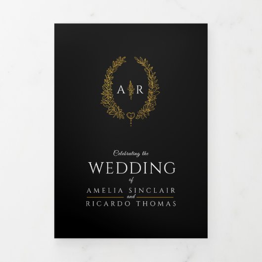 Monogram zwarte bruinbruinbruinmaaltijd, optie RSV Drieluik Uitnodiging (Cover)