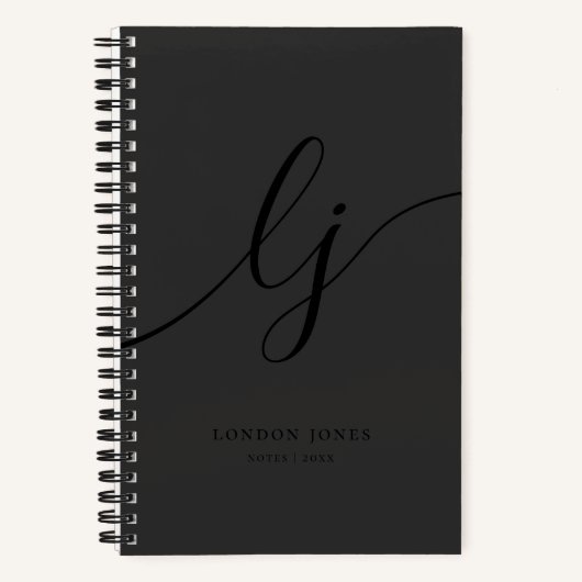 Monogram Zwarte Calligrafie Elegante Script Initia Notitieboek (Voorkant)
