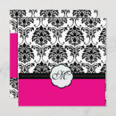 Monogram/Zwarte Damask/Hot Pink Wedding Invitting Kaart (Voorkant / Achterkant)