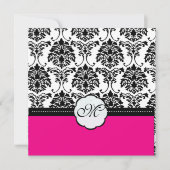 Monogram/Zwarte Damask/Hot Pink Wedding Invitting Kaart (Voorkant)