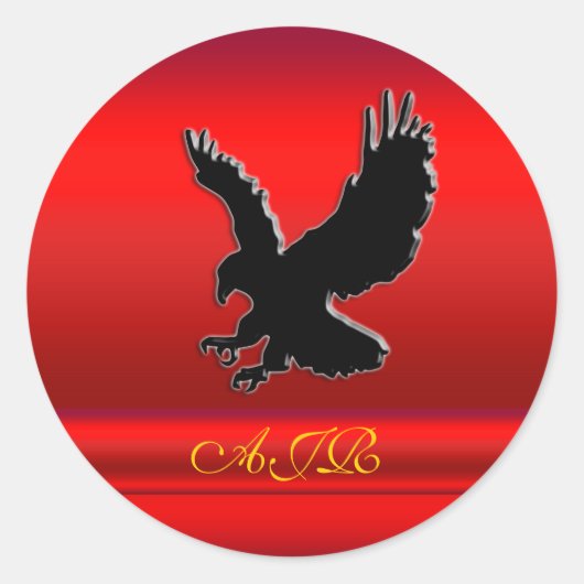 Monogram, zwarte Eagle logo op rood chrome-effect Ronde Sticker (Voorkant)
