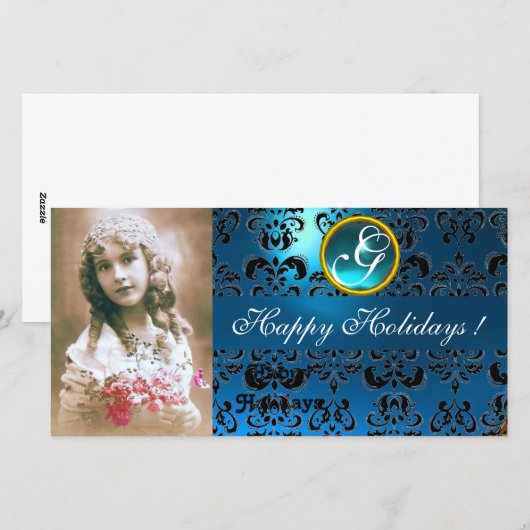 MONogram ZWARTE EN BLAUWE DAMASKSapphire Feestdagenkaart (Voorkant / Achterkant)