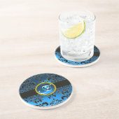 MONogram ZWARTE EN BLAUWE DAMASKSapphire Zandsteen Onderzetter (Zijkant)