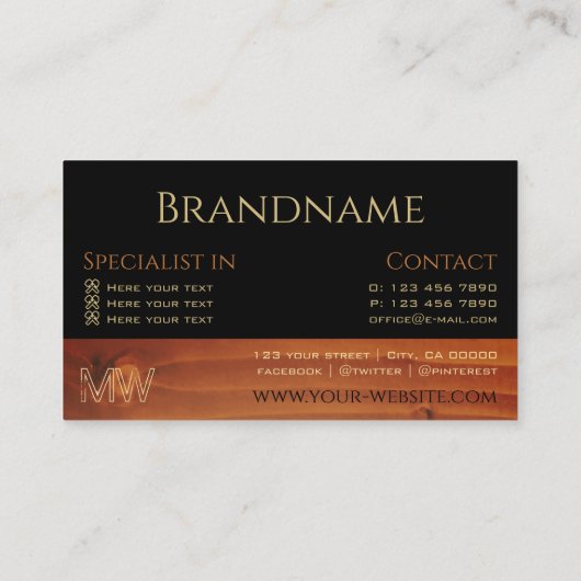 Monogram zwarte en Cherry Wood Grain Wooden Boards Visitekaartje (Achterkant)