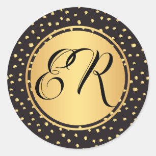 Monogram zwarte en gouden penseelstreken polka sti ronde sticker