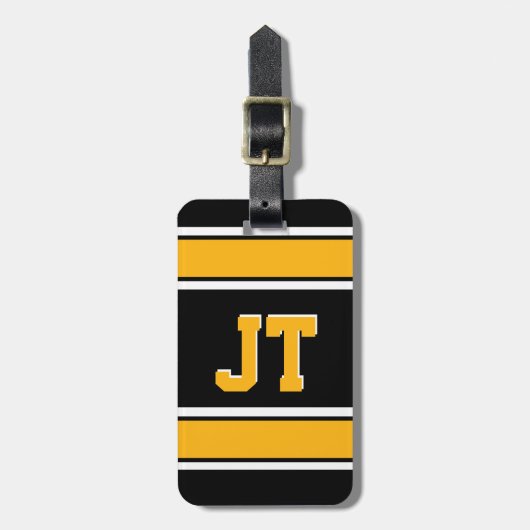 Monogram zwarte en gouden sportstripes bagagelabel (Voorkant verticaal)