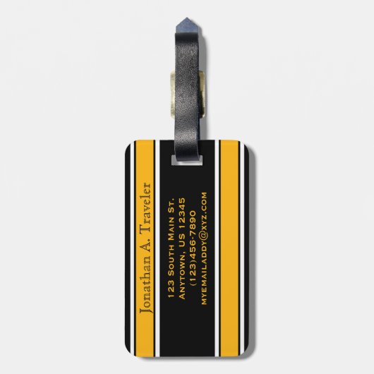 Monogram zwarte en gouden sportstripes bagagelabel (Achterkant verticaal)