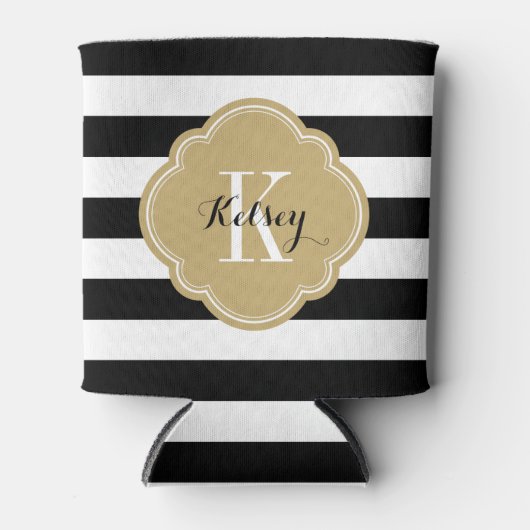 Monogram zwarte en goudpreppy Stripes Blikjeskoeler (Voorkant)