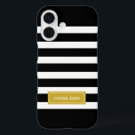 Monogram zwarte en goudpreppy Stripes iPhone 16 Hoesje<br><div class="desc">Cute girly modern preppy stripe-patroon,  gepersonaliseerd met een eenvoudig klassiek monogram in een contrasterend gekleurd lijst. Klik het om tekstdoopvont en kleur te veranderen om uw eigen unieke één van een soort ontwerp te creëer!</div>