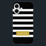 Monogram zwarte en goudpreppy Stripes iPhone 16 Hoesje<br><div class="desc">Cute girly modern preppy stripe-patroon,  gepersonaliseerd met een eenvoudig klassiek monogram in een contrasterend gekleurd lijst. Klik het om tekstdoopvont en kleur te veranderen om uw eigen unieke één van een soort ontwerp te creëer!</div>
