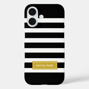 Monogram zwarte en goudpreppy Stripes iPhone 16 Hoesje