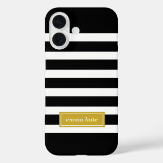 Monogram zwarte en goudpreppy Stripes iPhone 16 Hoesje