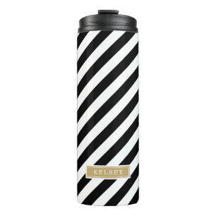 Monogram zwarte en goudpreppy Stripes Thermosbeker