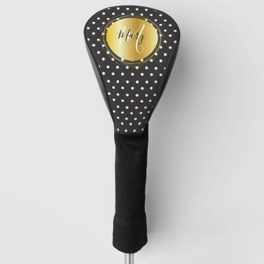 Monogram zwarte en goudwitte polka-stippen op zwar golfheadcover (Voorkant)