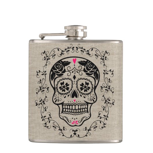 Monogram zwarte en roze suikerschedel op schoot heupfles (Voorkant)