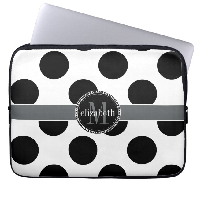 Monogram zwarte en witte Big Polka Dots Laptop Sleeve (Voorkant)
