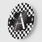 Monogram zwarte en witte cheques grote klok (Hoek)