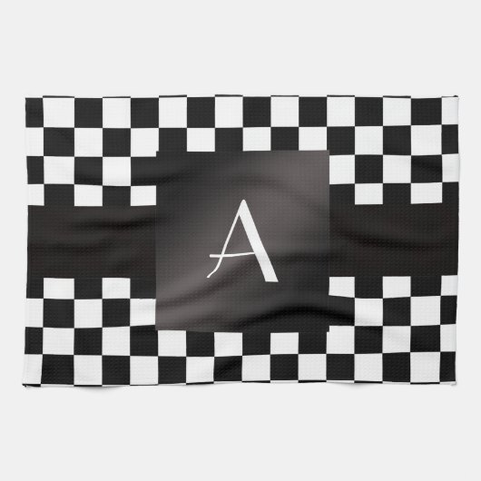 Monogram zwarte en witte cheques theedoek (Horizontaal)