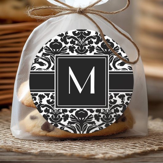 Monogram - Zwarte en Witte Damast Ronde Sticker