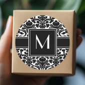 Monogram - Zwarte en Witte Damast Ronde Sticker