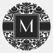 Monogram - Zwarte en Witte Damast Ronde Sticker (Voorkant)