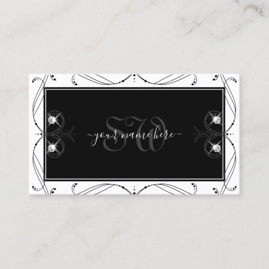 Monogram zwarte en witte mousserende diamanten  visitekaartje (Voorkant)