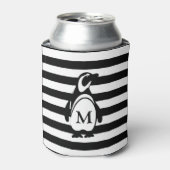 Monogram zwarte en witte pinguïn en stripes blikjeskoeler (Blikje Voorkant)