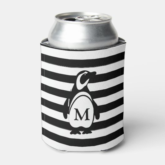 Monogram zwarte en witte pinguïn en stripes blikjeskoeler (Blikje Voorkant)