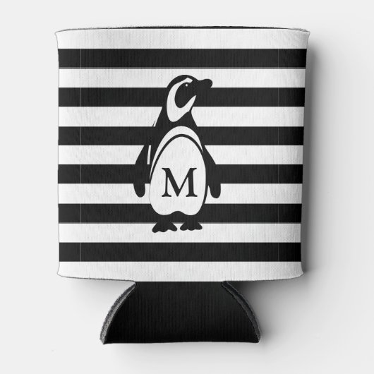 Monogram zwarte en witte pinguïn en stripes blikjeskoeler (Voorkant)
