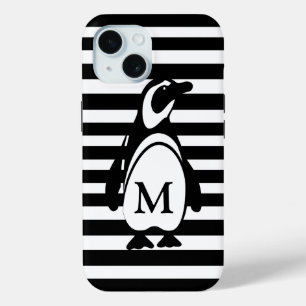 Monogram zwarte en witte pinguïn en stripes iPhone 15 case